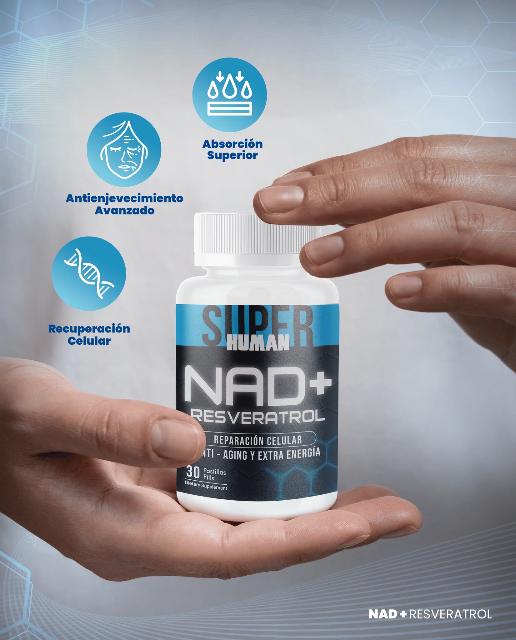 NAD + Resveratrol - Cápsulas de Reparación Celular Antienvejecimiento y Energía Extra (30 Cápsulas) - SuperHuman™