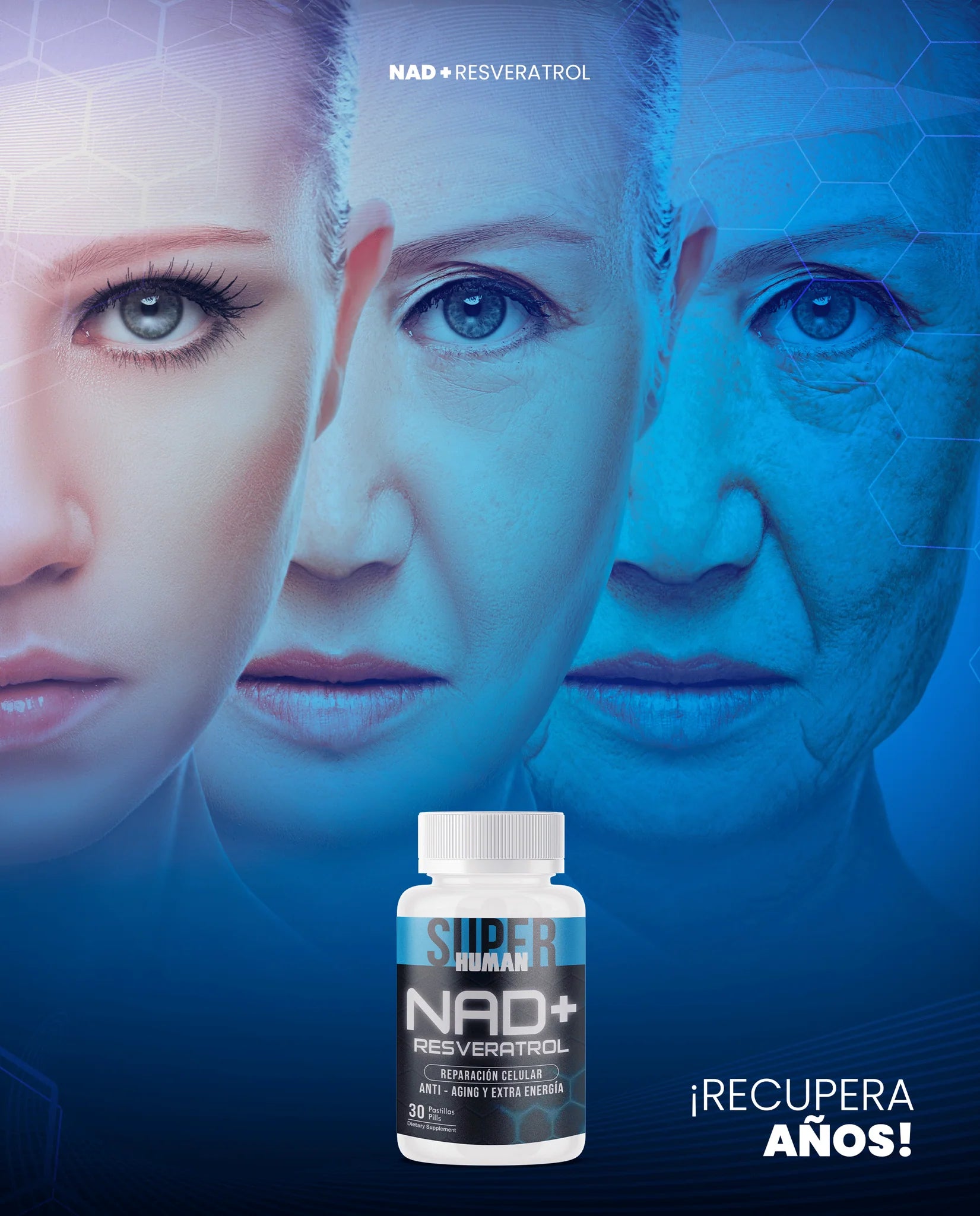 NAD + Resveratrol - Cápsulas de Reparación Celular Antienvejecimiento y Energía Extra (30 Cápsulas) - SuperHuman™