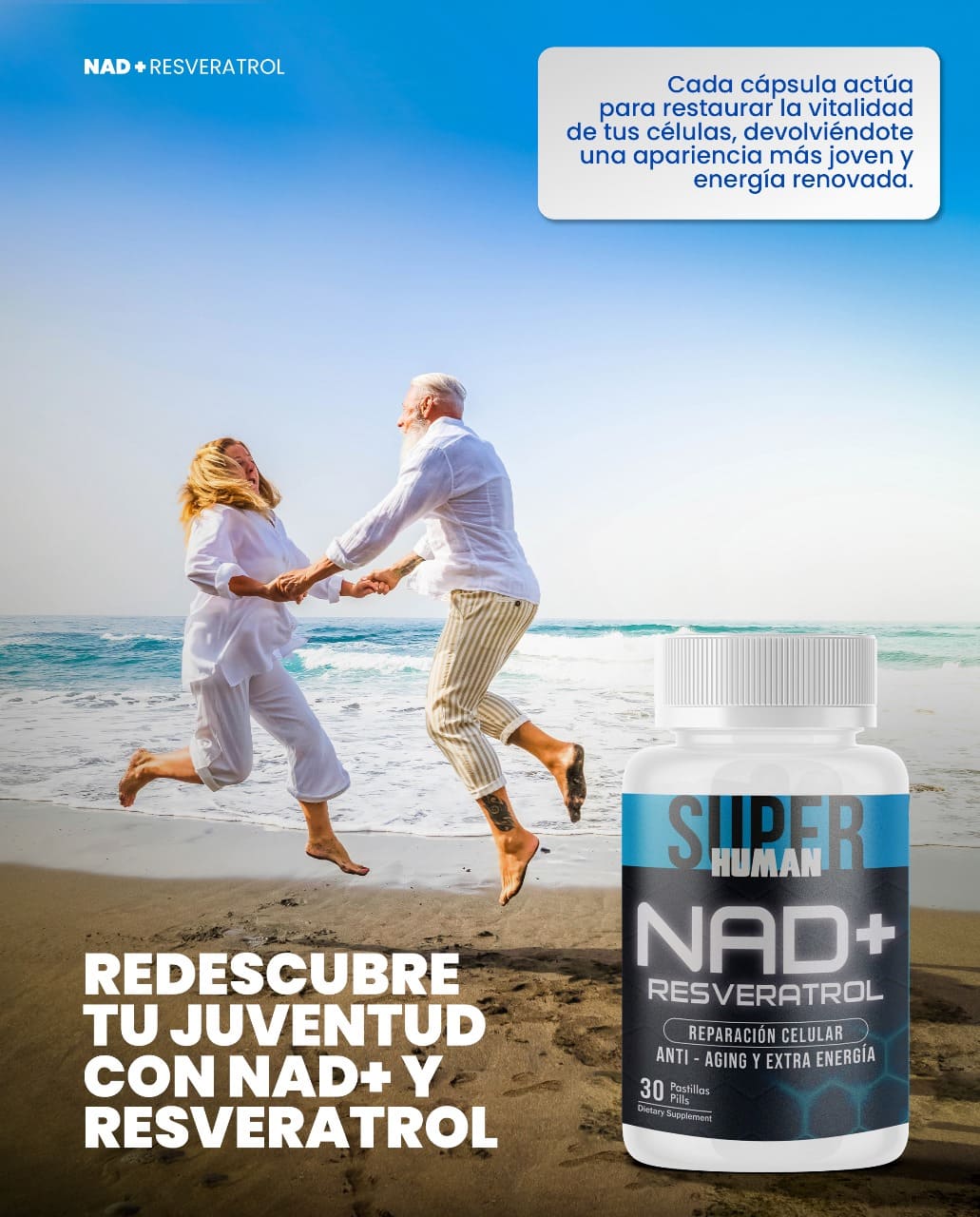 NAD + Resveratrol - Cápsulas de Reparación Celular Antienvejecimiento y Energía Extra (30 Cápsulas) - SuperHuman™
